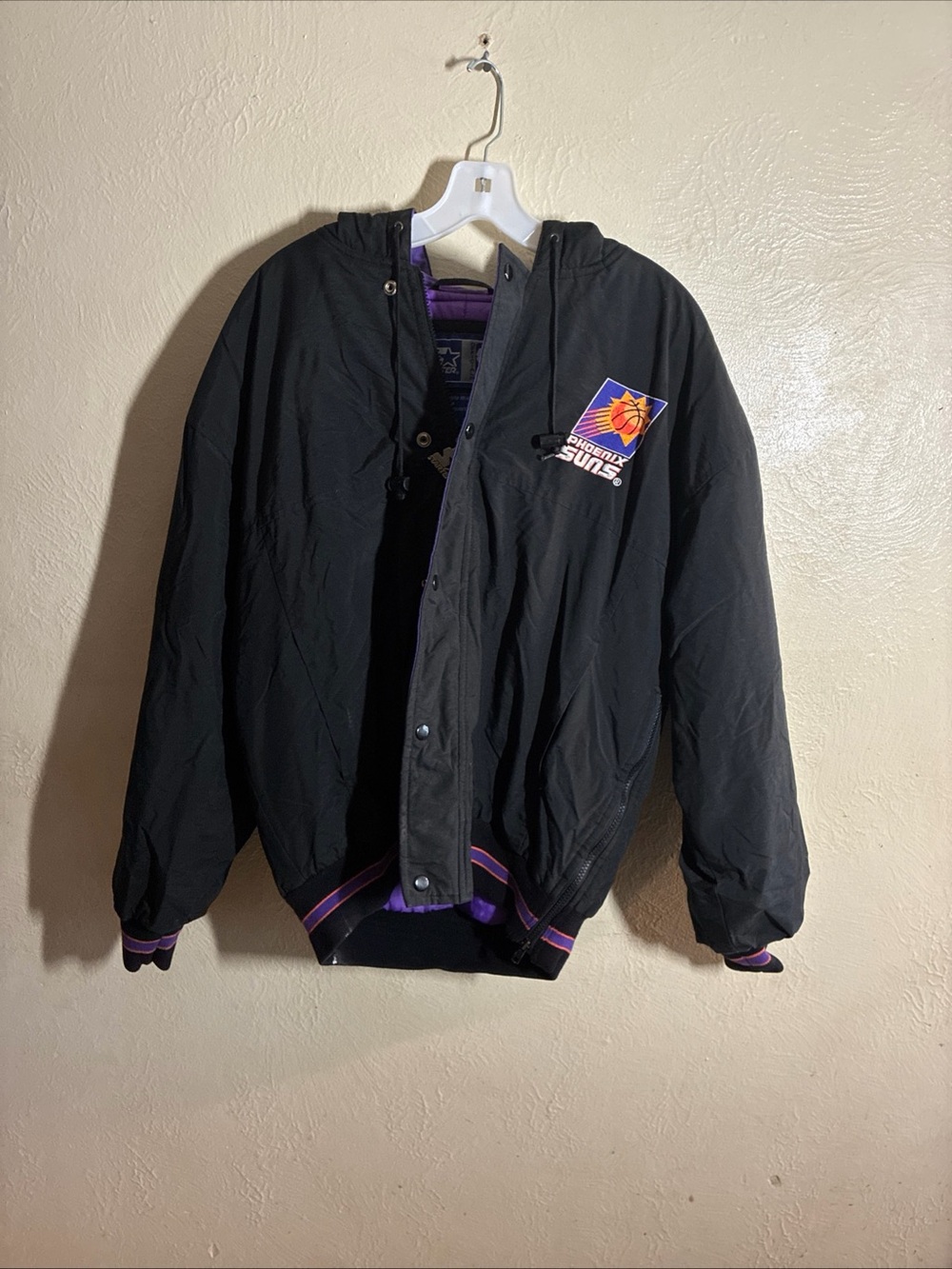 STARTER Phoenix Suns Black puffer  Hooded Bomber Jacket with Purple Trim, Mens
